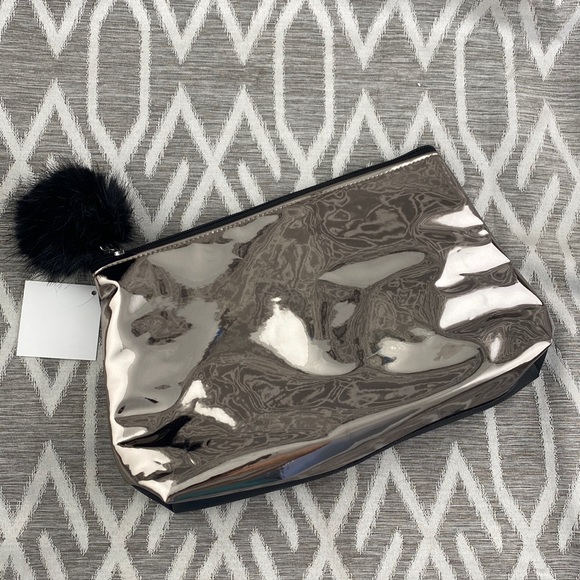 Nordstrom Cosmetic Pouch with Pom Pom & Mirror/Halo Front Black & Metallic - Picture 1 of 4